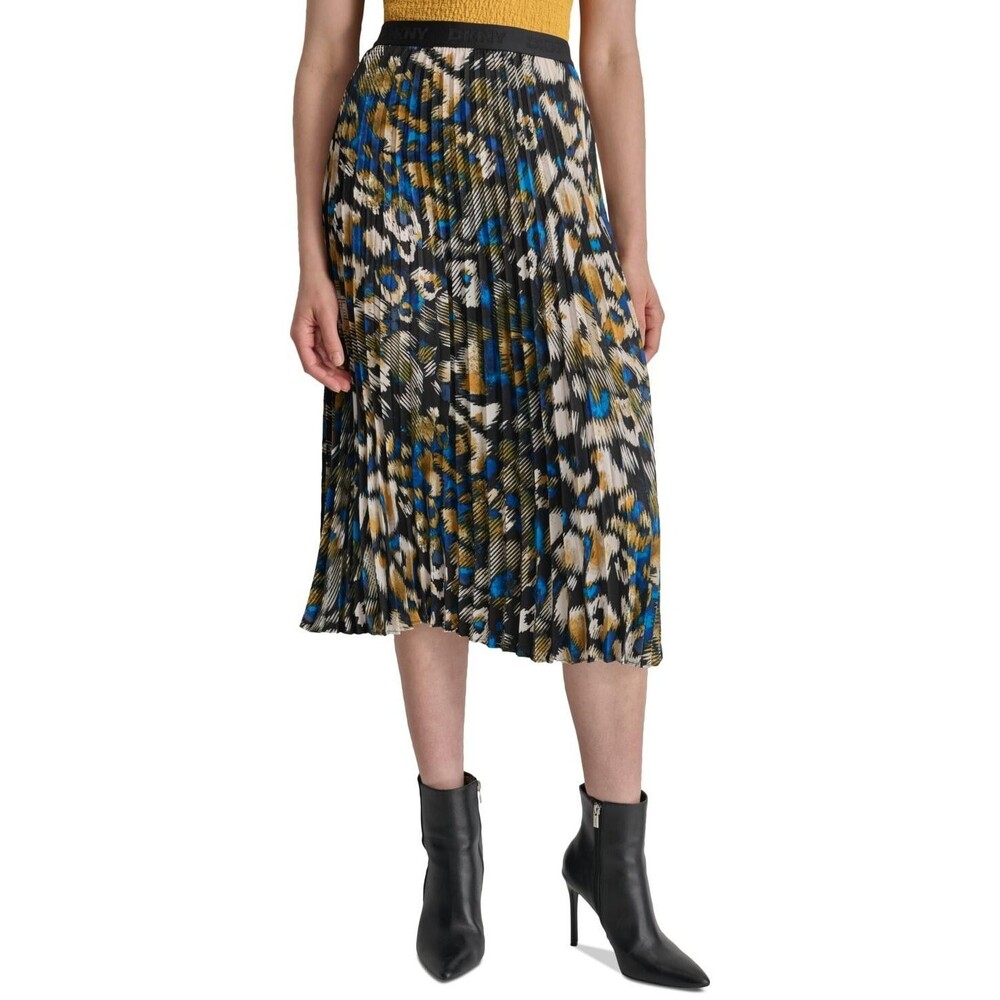 DKNY Women's Logo-Waistband Pleated Satin Midi Skirt Black Multi S
